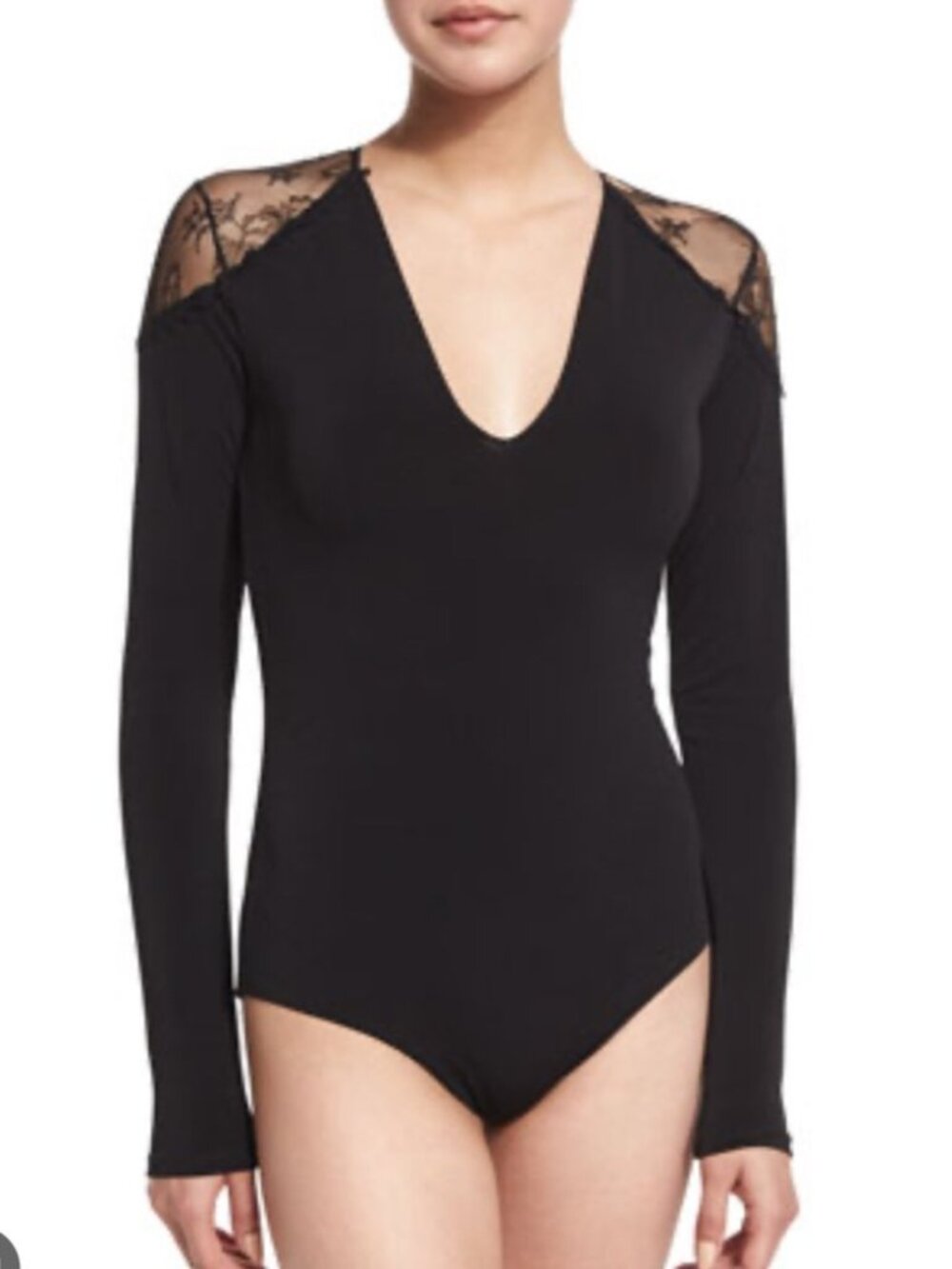 Alice + Olivia Black Lace Shoulder Long Sleeve Bodysuit Size Large